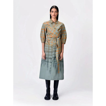 Genes Lecoanet Hemant Women Cotton Collar Neck Checked Print A-Line Dress with Belt (Set of 2)