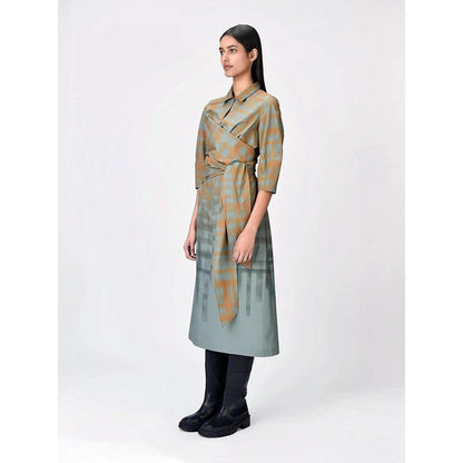 Genes Lecoanet Hemant Women Cotton Collar Neck Checked Print A-Line Dress with Belt (Set of 2)