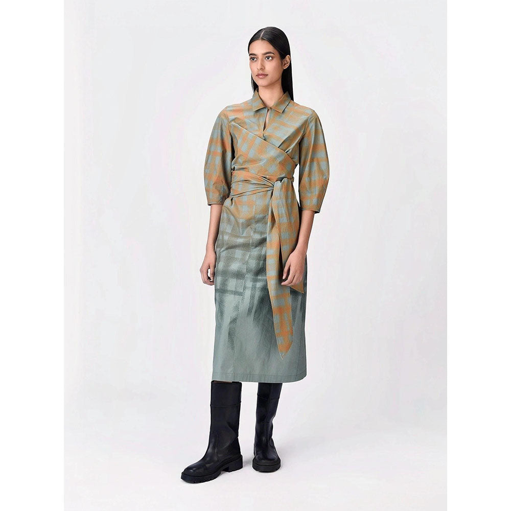 Genes Lecoanet Hemant Women Cotton Collar Neck Checked Print A-Line Dress with Belt (Set of 2)