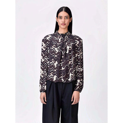 Genes Lecoanet Hemant Women's Viscose Tie Up Neck Printed Puff Sleeves Styled Top