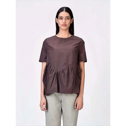 Genes Lecoanet Hemant Women's Brown Cotton Round Neck Solid Half Sleeves Top