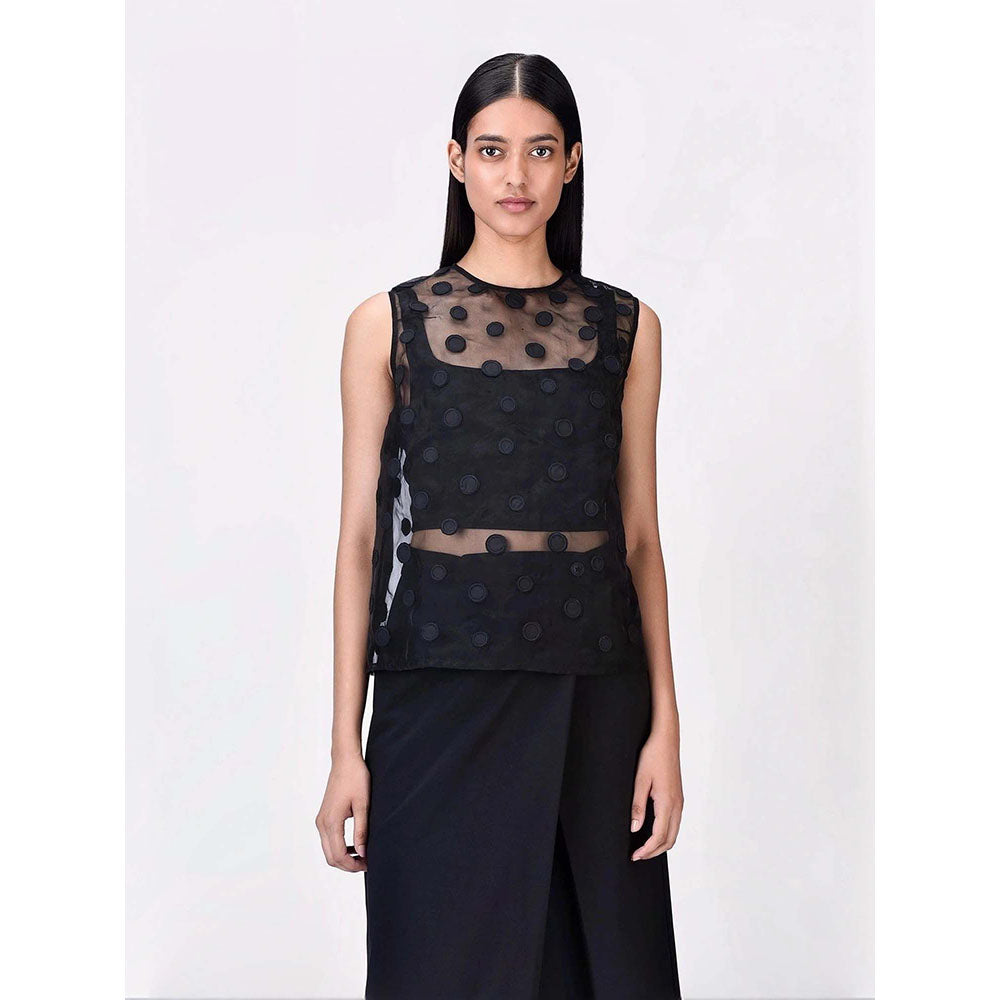 Genes Lecoanet Hemant Women's Organza Round Neck Solid Embroidered Sleeveless Top