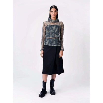 Genes Lecoanet Hemant Women's Organza Turtle Neck Printed Full Sleeves A-Line Top