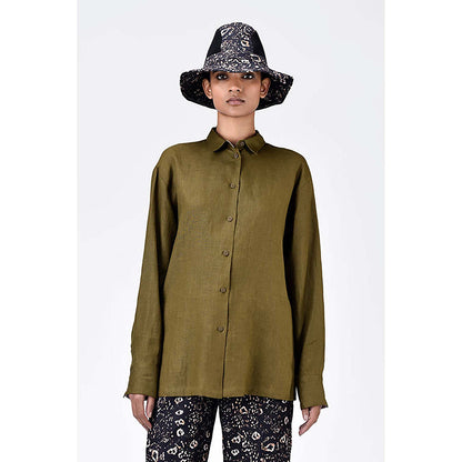 Genes Lecoanet Hemant Light Linen Shirt With Hidden Stripe Details Khaki