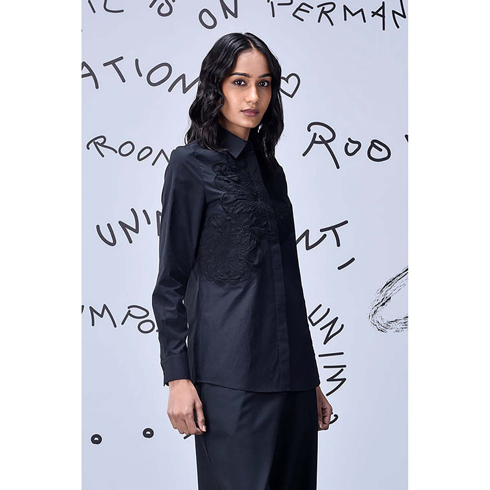 Genes Lecoanet Hemant Black Giza Cotton Poplin Shirt With Tonal Applique Detailing