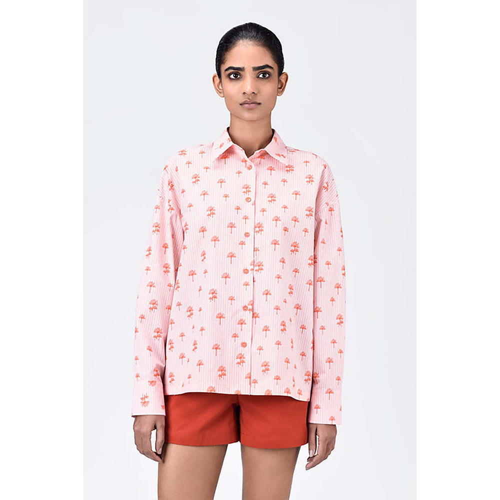 Genes Lecoanet Hemant Palm Stripe Cotton Poplin Easy Fit Shirt- Coral Orange