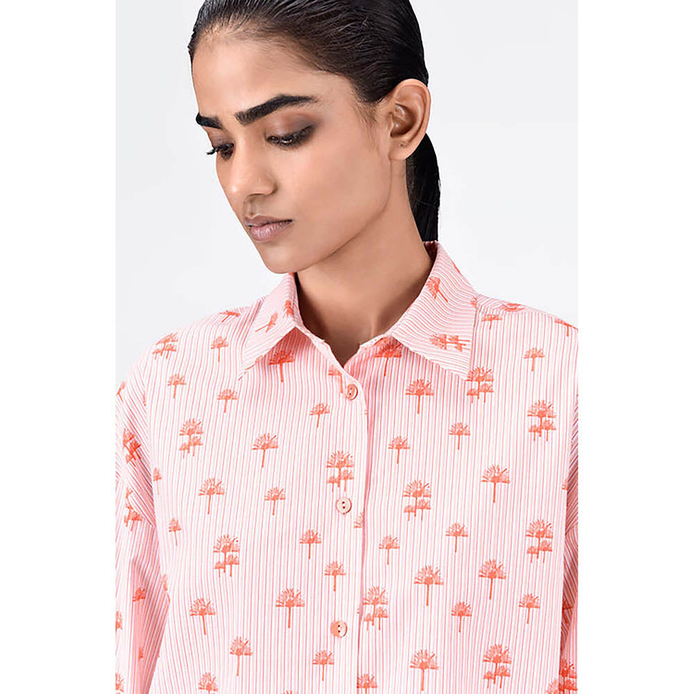 Genes Lecoanet Hemant Palm Stripe Cotton Poplin Easy Fit Shirt- Coral Orange