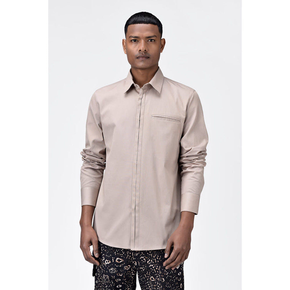 Genes Lecoanet Hemant Regular Fit Button Up Shirt With Pleated Placket Sand