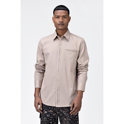 Genes Lecoanet Hemant Regular Fit Button Up Shirt With Pleated Placket Sand