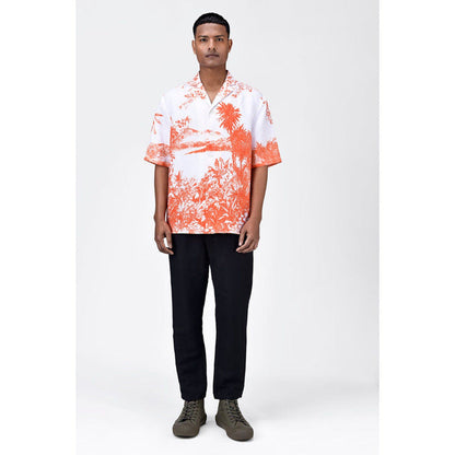 Genes Lecoanet Hemant Light Linen Shirt With Landscape Print-Coral Orange