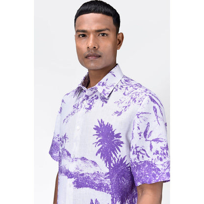 Genes Lecoanet Hemant Light Linen Regular Fit Shirt With Landscape Print-Amethyst