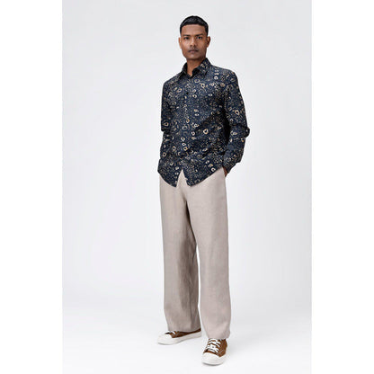 Genes Lecoanet Hemant Khaki Cotton Poplin Regular Fit Shirt With Animal Print