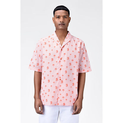 Genes Lecoanet Hemant Easy Fit Shirt With Sailor Collar And Palm Stripe Print-Coral Peach