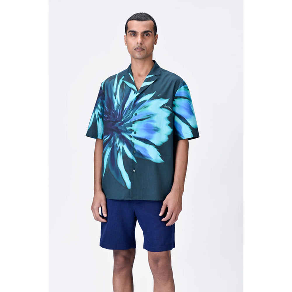 Genes Lecoanet Hemant Cotton Poplin Shirt With Uv Flower Print - Teal Green