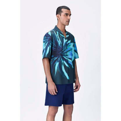 Genes Lecoanet Hemant Cotton Poplin Shirt With Uv Flower Print - Teal Green