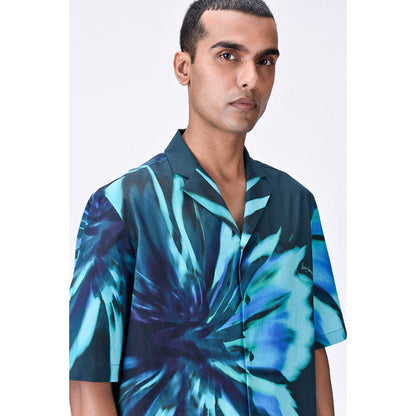Genes Lecoanet Hemant Cotton Poplin Shirt With Uv Flower Print - Teal Green