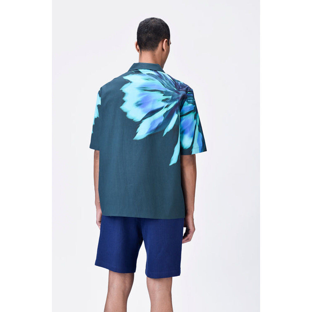 Genes Lecoanet Hemant Cotton Poplin Shirt With Uv Flower Print - Teal Green