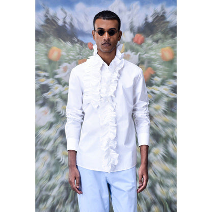 Genes Lecoanet Hemant Detachable Ruffle Collar Regular Fit Shirt- White