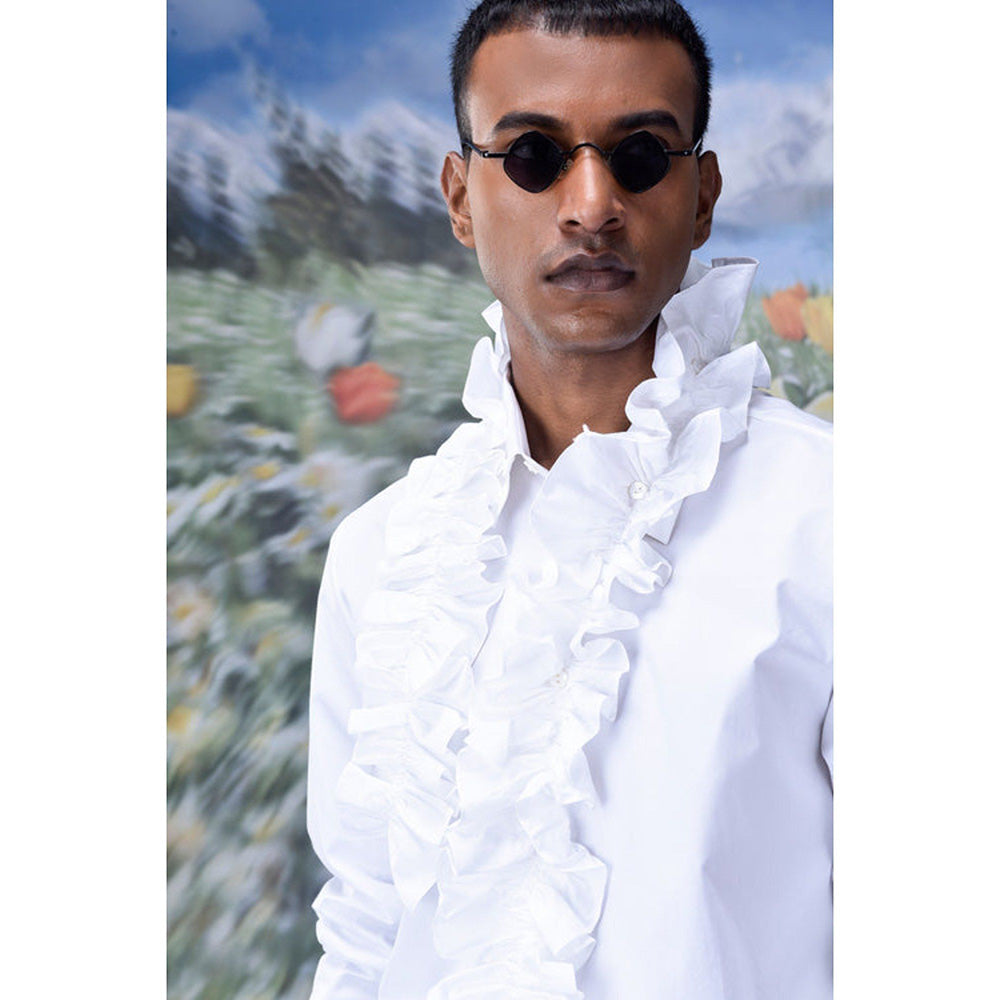 Genes Lecoanet Hemant Detachable Ruffle Collar Regular Fit Shirt- White
