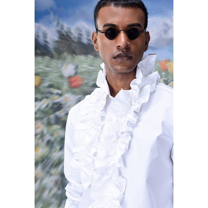 Genes Lecoanet Hemant Detachable Ruffle Collar Regular Fit Shirt- White