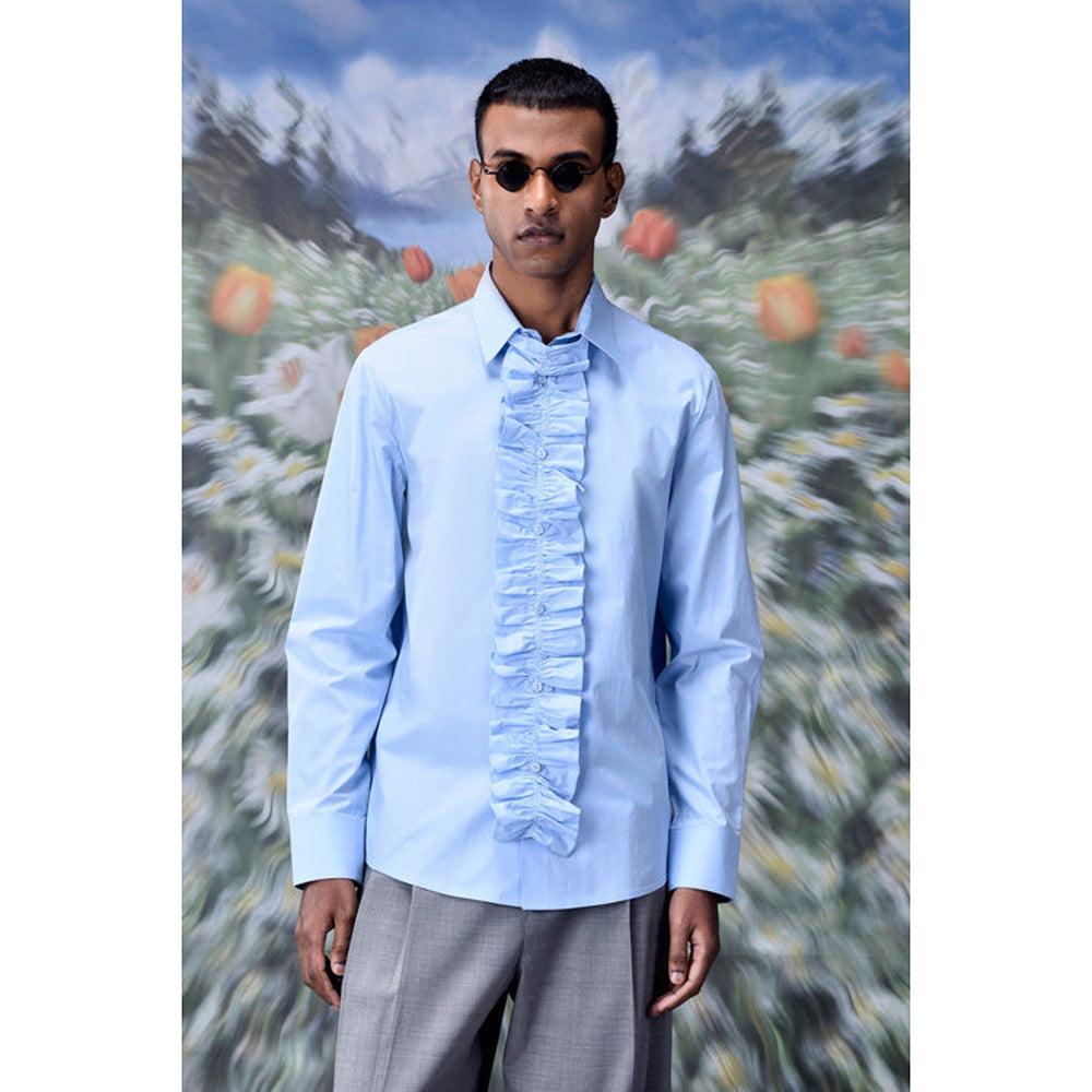 Genes Lecoanet Hemant Detachable Ruffle Placket Regular Fit Shirt -Light Blue