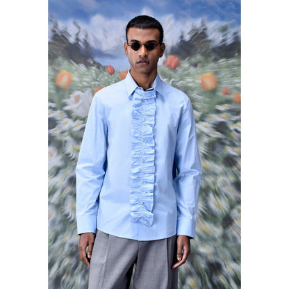 Genes Lecoanet Hemant Detachable Ruffle Placket Regular Fit Shirt -Light Blue