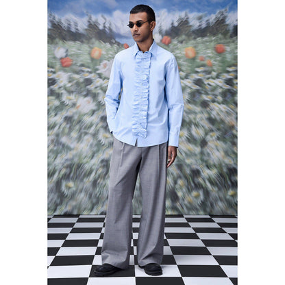 Genes Lecoanet Hemant Detachable Ruffle Placket Regular Fit Shirt -Light Blue