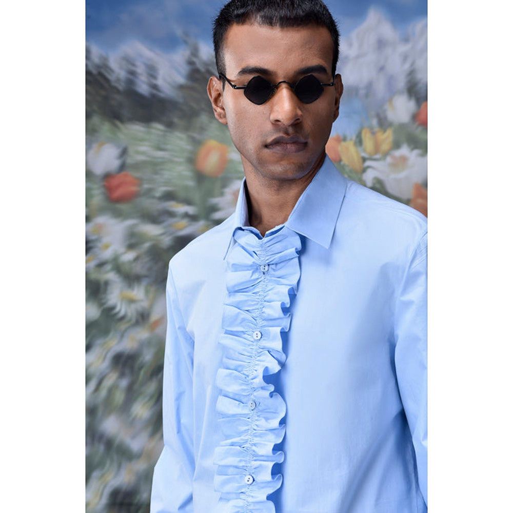 Genes Lecoanet Hemant Detachable Ruffle Placket Regular Fit Shirt -Light Blue