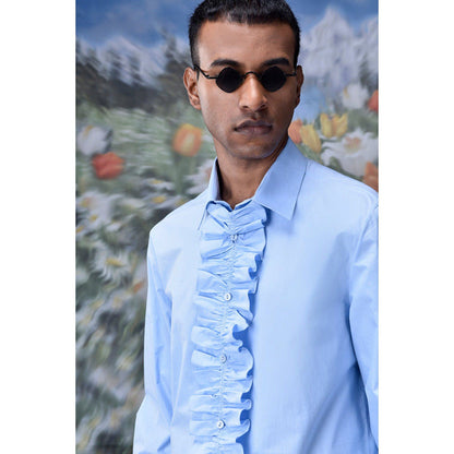 Genes Lecoanet Hemant Detachable Ruffle Placket Regular Fit Shirt -Light Blue