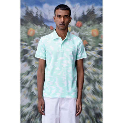 Genes Lecoanet Hemant Ikkat Print Polo T-Shirt- Nile Green
