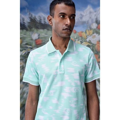 Genes Lecoanet Hemant Ikkat Print Polo T-Shirt- Nile Green