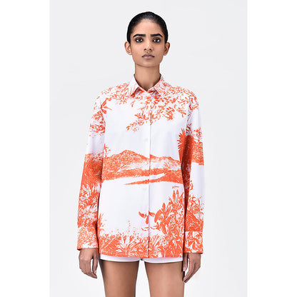 Genes Lecoanet Hemant Women's Landscape Print Easy Fit Cotton Poplin Shirt -Coral Orange
