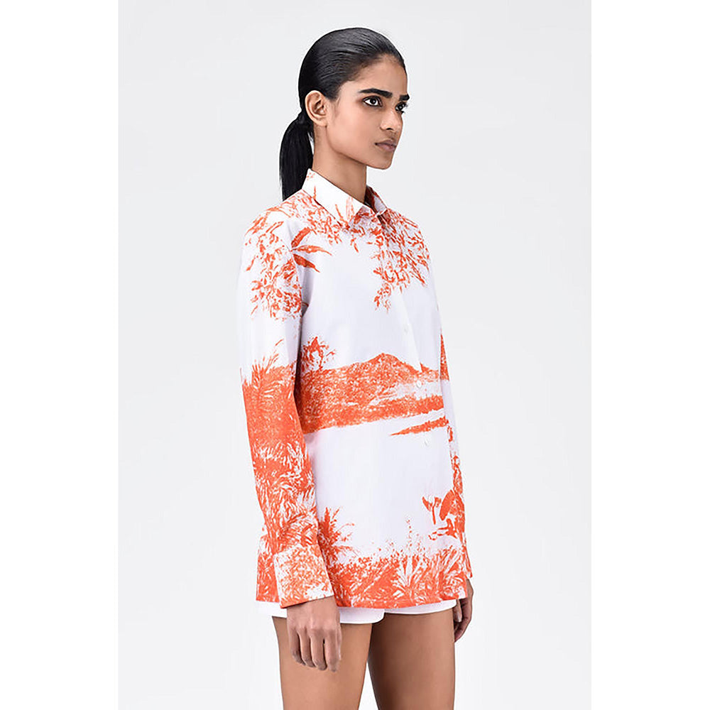 Genes Lecoanet Hemant Women's Landscape Print Easy Fit Cotton Poplin Shirt -Coral Orange