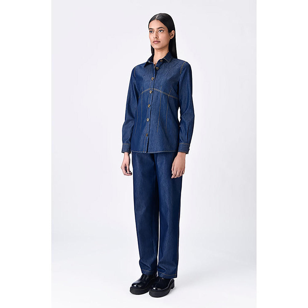 Genes Lecoanet Hemant Navy Blue Chambray Button-Up Shirt