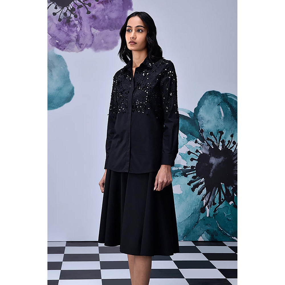 Genes Lecoanet Hemant Black Giza Cotton Poplin Embroidered Shirt
