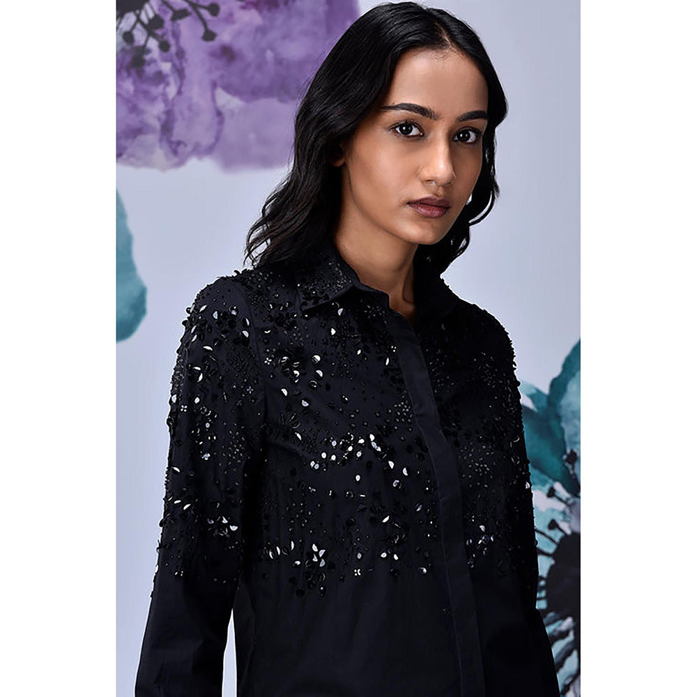 Genes Lecoanet Hemant Black Giza Cotton Poplin Embroidered Shirt