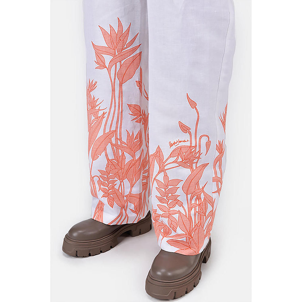 Genes Lecoanet Hemant Straight Fit Linen Herringbone Trousers With Tropical Print Off White