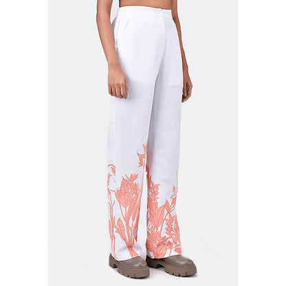 Genes Lecoanet Hemant Straight Fit Linen Herringbone Trousers With Tropical Print Off White