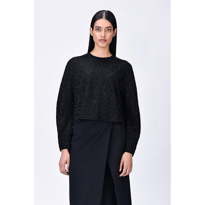 Genes Lecoanet Hemant Black Cropped Heavy Crepe Sweatshirt With Embroidery