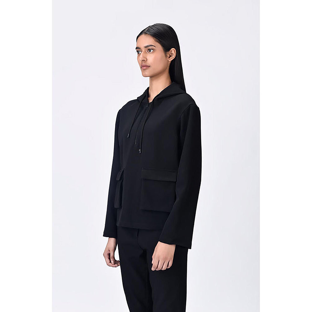 Genes Lecoanet Hemant Black Banana Crepe Relaxed Fit Hoodie With Front Pockets