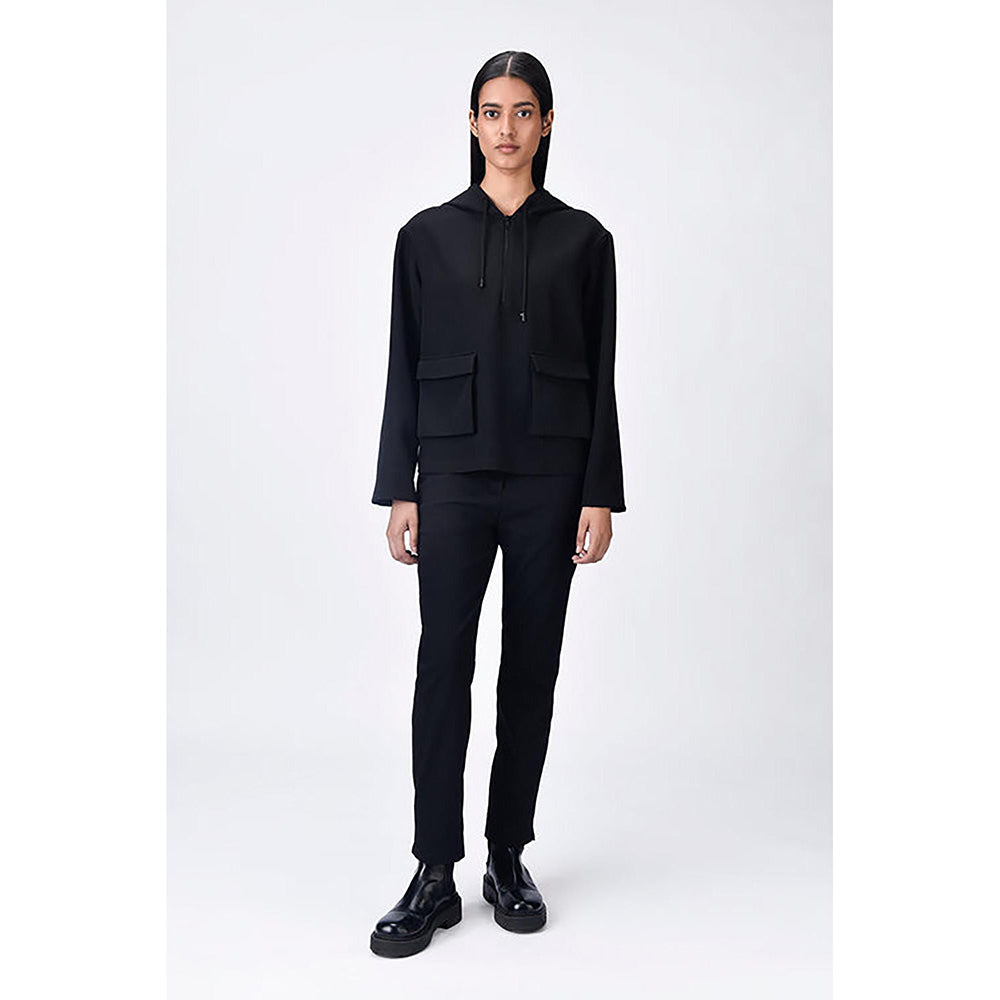 Genes Lecoanet Hemant Black Banana Crepe Relaxed Fit Hoodie With Front Pockets