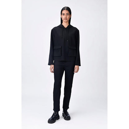 Genes Lecoanet Hemant Black Banana Crepe Relaxed Fit Hoodie With Front Pockets