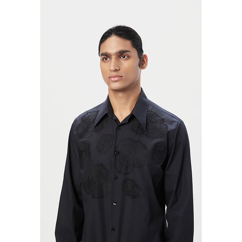 Genes Lecointe Hemant Regular Fit Button-Up Shirt with Floral Thread Embroidery