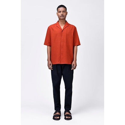 Genes Lecointe Hemant Seersucker Easy Fit Men's Half Sleeve Shirt-Coral Orange