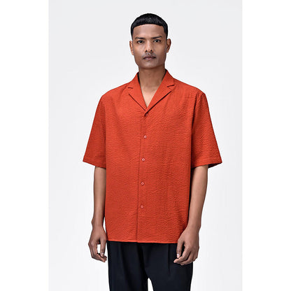Genes Lecointe Hemant Seersucker Easy Fit Men's Half Sleeve Shirt-Coral Orange