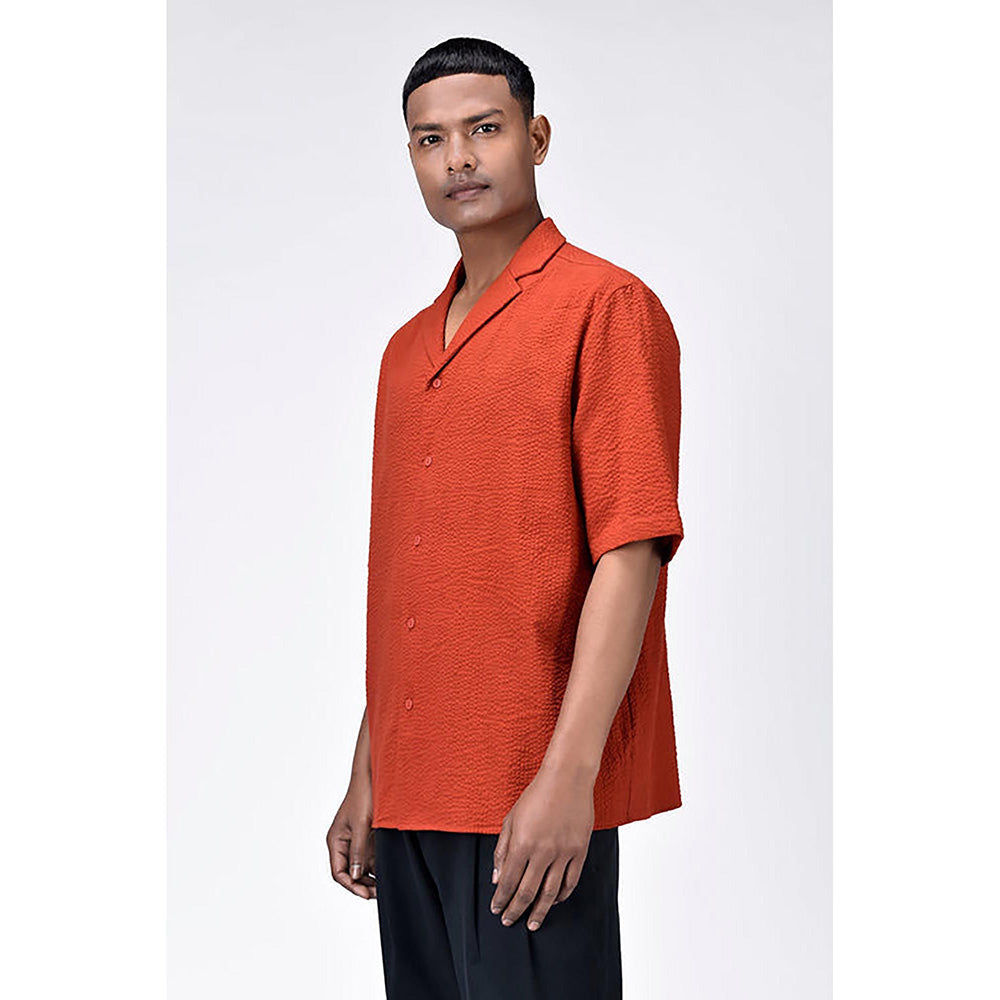 Genes Lecointe Hemant Seersucker Easy Fit Men's Half Sleeve Shirt-Coral Orange