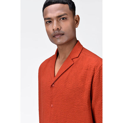 Genes Lecointe Hemant Seersucker Easy Fit Men's Half Sleeve Shirt-Coral Orange