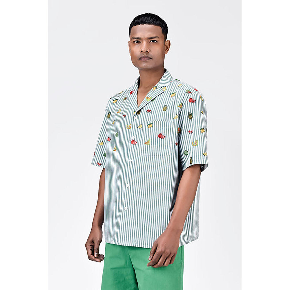 Genes Lecointe Hemant Fruit Motifs Embroidery Easy Fit Men's Half Sleeve Shirt