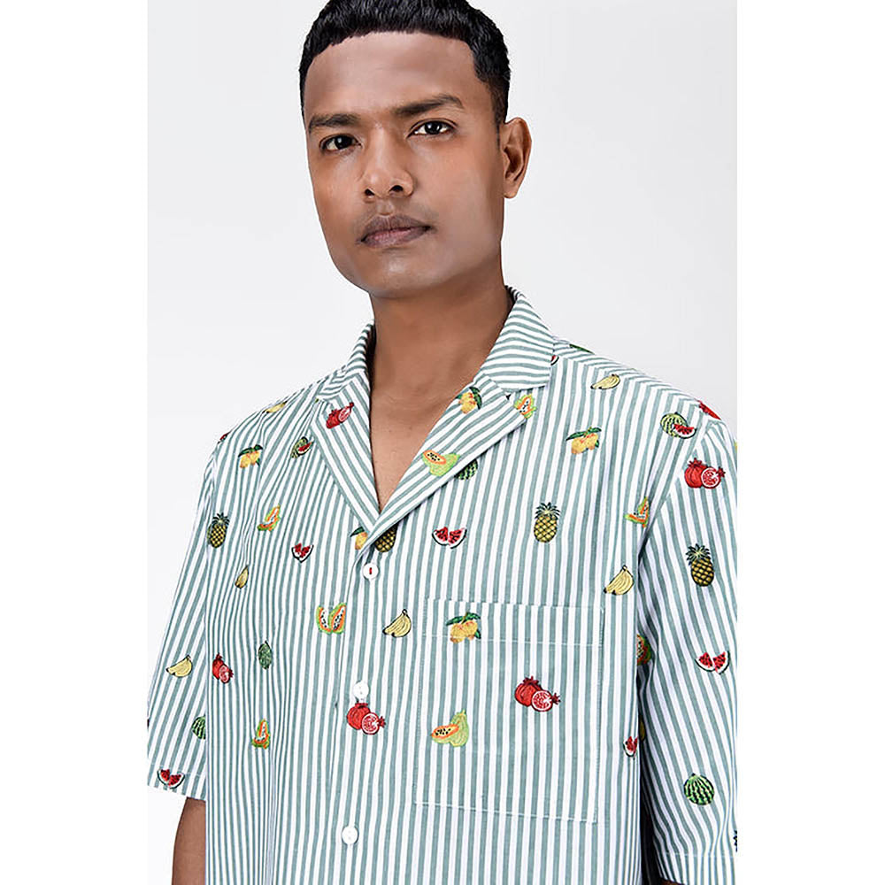 Genes Lecointe Hemant Fruit Motifs Embroidery Easy Fit Men's Half Sleeve Shirt