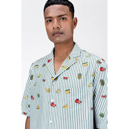 Genes Lecointe Hemant Fruit Motifs Embroidery Easy Fit Men's Half Sleeve Shirt